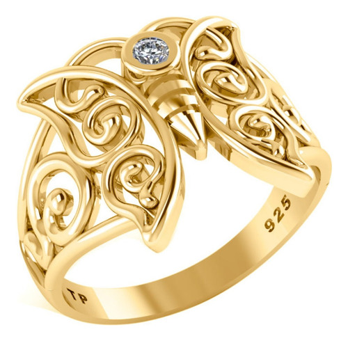 Anel Borboleta Celta Prata 925 Dourada 18k - Zircônia 