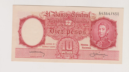 Billete Argentina 10 $ Bottero 1962 Año 1959 Excelente 