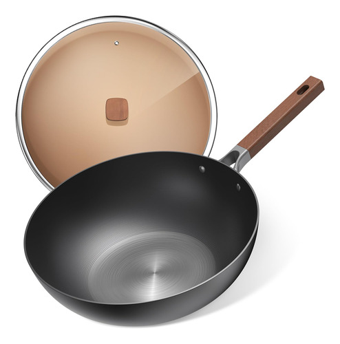 Xdvdv Wok De Acero Al Carbono Con Tapa, Woks De 13.5 Pulgada