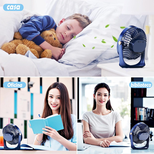 Ventilador De Escritorio Recargable Con Luz Nocturna Usb 16 Cm Azul