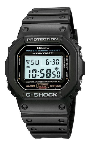 Reloj pulsera Casio G-Shock DW5600 de cuerpo color negro, digital, fondo gris, con correa de resina color negro, agujas color digital, dial negro, subesferas color digital, minutero/segundero negro, bisel color negro y gris, luz azul verde y hebilla simple