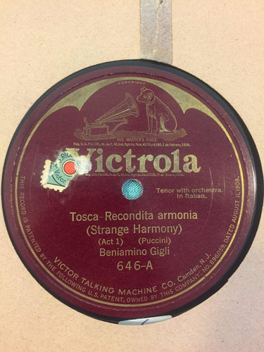 Disco De Pasta Victrola 646 Beniamino Gigli Tosca Recondita