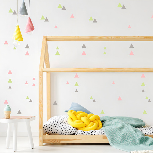 Adhesivo de pared con triángulos verdes, grises y rosas 91un