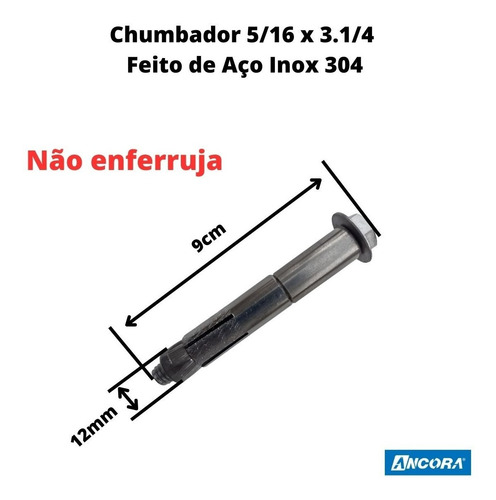 Chumbador Parabolt De Aço Inox 12mm X 9cm Ancora 05 Pçs