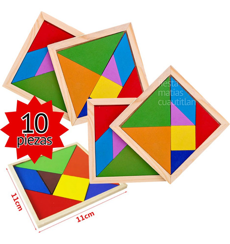 Lote 10 Pzas Tangram Madera Juego Didáctico Rompecabezas