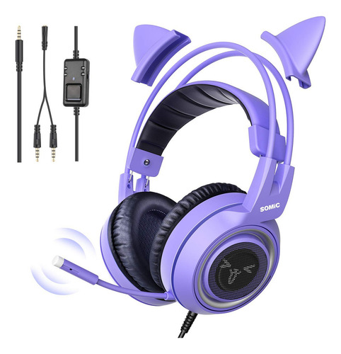 Somic G951s - Auriculares Estéreo Para Juegos Con Micrófono Para Ps4, Ps5, Xbox One, Pc, Teléfono, Orejas De Gato Desmontables De 3,5 Mm, Reducción De Ruido, Auriculares Para Juegos De Computadora