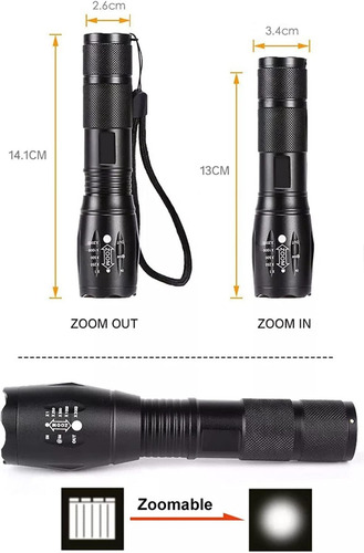 Imagen 5 de 9 de Linterna Led Potente Tactica Militar Recargable Caza Pesca