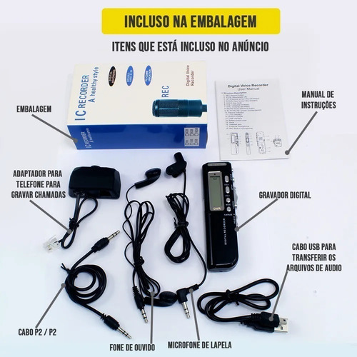 Gravador Espião Voz Faculdade + Mp3 Player Grava Até 24 Dias