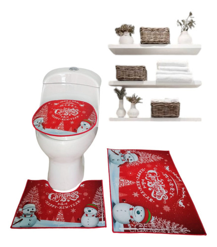 Juego De Baño Navideño Tapete De 3 Piezas Adorno Navidad Color Rojo 14