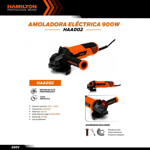 Imagen 6 de 8 de Amoladora 115mm Angular 900w 12000rpm Profesional Hamilton