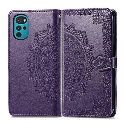 Funda Para Moto G22 Billetera Cuero Labrado Mandala Violeta