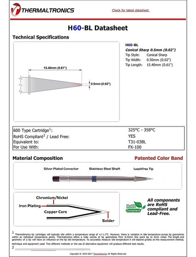 Thermaltronics H60-bl Cónica Sharp 0.5 Mm (0.02) Intercambia