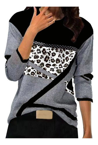 Blusa T Para Mujer Con Estampado De Leopardo, Cuello Redondo
