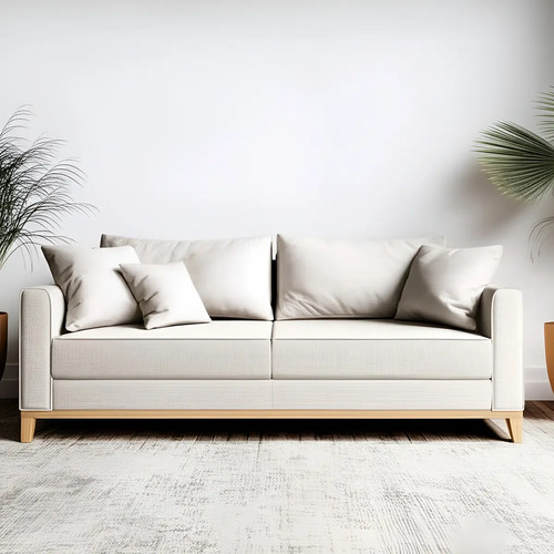 Sofá Living Beny 1,80mt 3lug Linho Com Base E Pés De Madeira Cor Cru - R$ 769,9