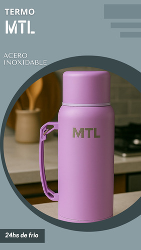 Termo Mtl 1 Litro Acero Inoxidable Color Lila Tapa Vaso Cebador Doble Pared Ligero 24hs Frio Calor Mate Camping Oficina Compacto Manija Facil De Limpiar
