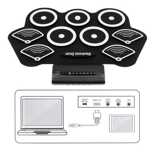 Imagen 2 de 5 de Batería Musical Portátil Silicona Negra Log-on Toys