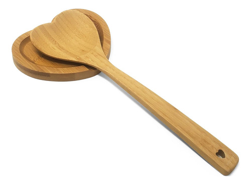Cuchara De Bambú En Forma De Corazón Con Juego De Reposo, Cu