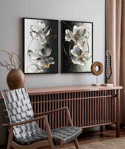 2 Quadros Decorativos Modernos Flores Preto E Branco Moldura