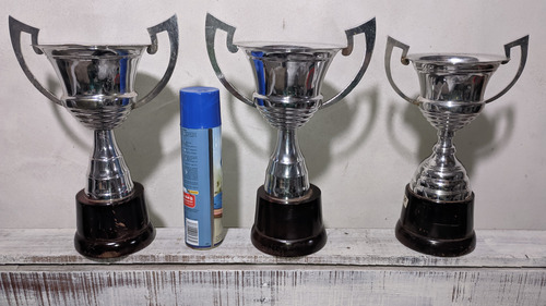 Lote De 3 Copas Metálicas Trofeos Base De Madera Plateado (Usado)