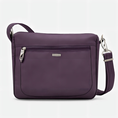 Travelon Crossbody Bandolera Antirrobo Minibag Violeta Acabado De Los Herrajes Níquel Color Violeta Oscuro Correa De Hombro Violeta Oscuro Diseño De La Tela Liso