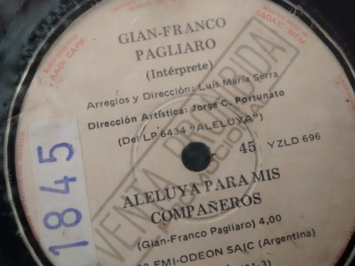 Vinilo Single De Gian Franco Pagliaro - Aleluya Para ( T47