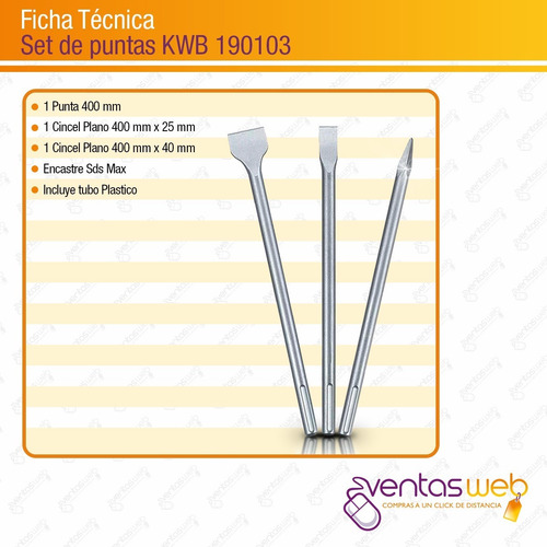 Imagen 5 de 6 de Set Kit De Cinceles Juego 3 Pz Sds Max Cincel Y Punta 400mm
