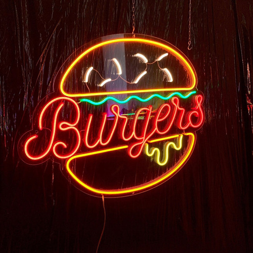 Letrero Neón Hamburguesa Burgers Con Control Acrílico Grueso Color Multicolor