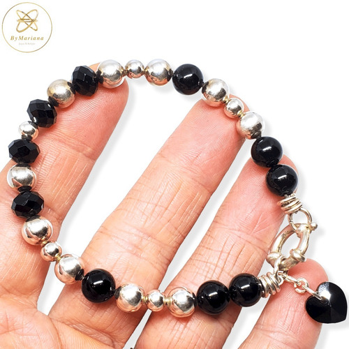 Imagen 2 de 5 de Pulsera Plata Cristal Swa Negro Y Bolitas De Onix X 20 Cm
