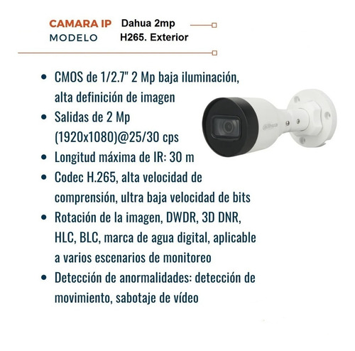 Imagen 2 de 4 de Camara Ip Dahua 2mpx 1080p Bullet H265 Ir 30mts Exterior Poe