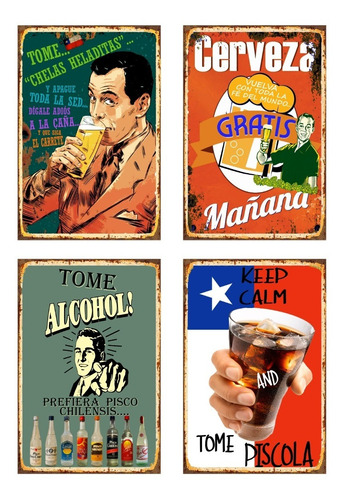 Pack 4 Carteles Metalicos Tome Chelas Heladitas 20x30 Cm C/u