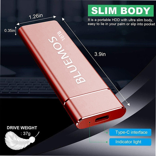 Disco Duro Externo Ssd 16tb Usb3.1 Para Tablet Mac Laptop Color Rojo