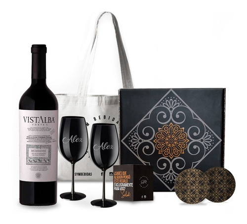 Box Vino Vistalba Corte C Malbec Copas Negras Grabada Est