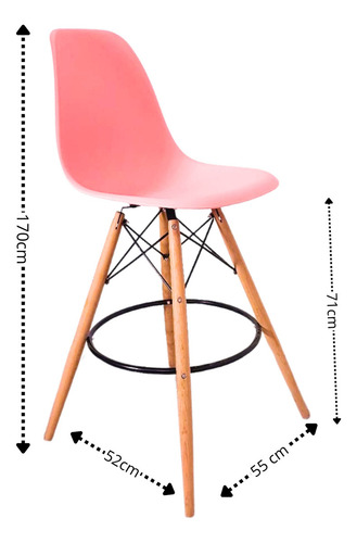 Set 2 Sillas Eames Comedor Altas Banco Cocina Minimalista Estructura de la silla Madera Asiento Rosa Diseño de la tela Liso