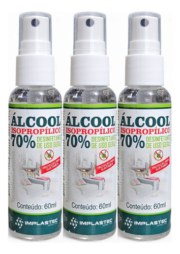 3 Spray Alcool Isopropilico 70% Pump 60ml Geral Implastec