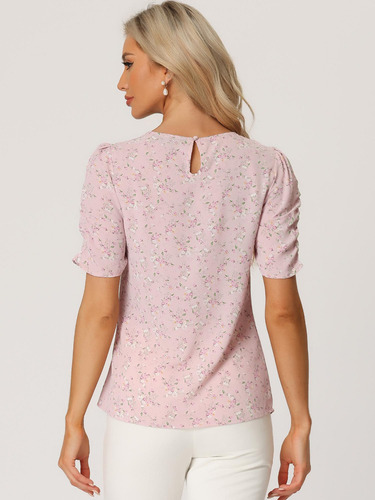 Blusa Floral Mujer Camisa Fruncida Tops Con Cuello Redondo
