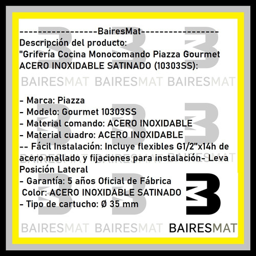 Imagen 4 de 6 de Monocomando Cocina Piazza Acero Inoxidable 10303ss Satinado