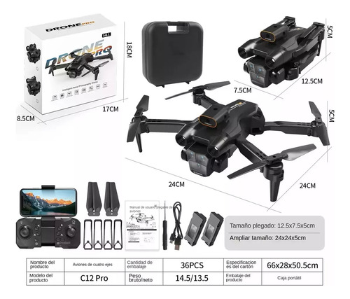 Drone Mini 8k C12pro Con Triple Cámara Hd 2.4ghz Negro