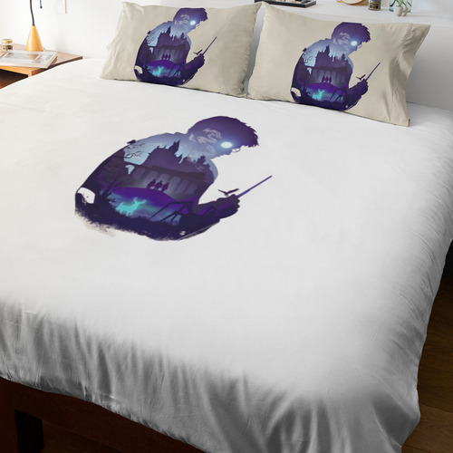 Jogo de Cama Casal Lençol com Elástico Harry Potter Elementos Magia Bruxaria Hogwarts 9 3/4 Hermione Rony Avada Kedavra Fã