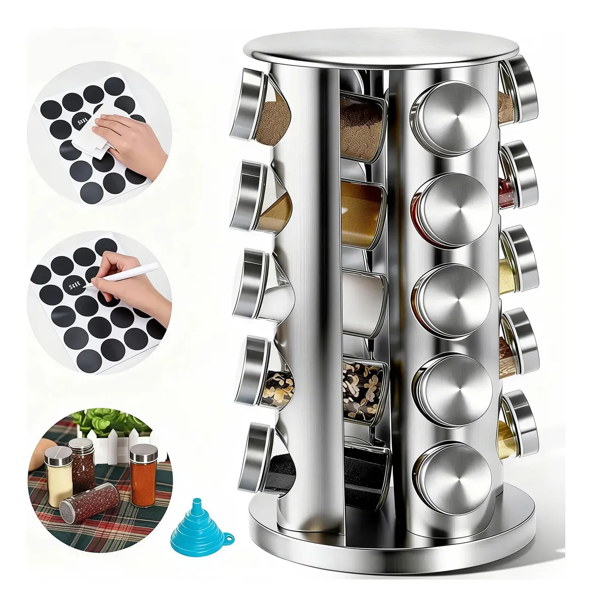 Especiero Giratorio, 20 Frascos De Cristal Para Especias Plateado