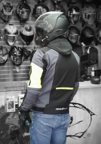 Imagen 6 de 10 de Chamarra Con Protecciones Hebotech Luzern Gris/ngo Vde Neon