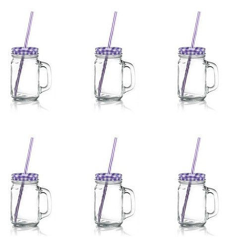 Set 6 Tarro Frasco Mason Jar Liso Vidrio 480ml Tapa Y Popote