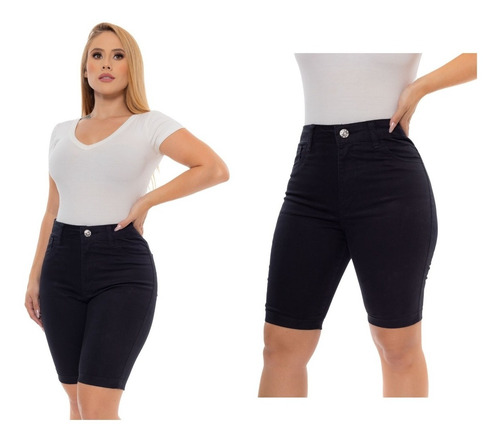 Imagem 3 de 6 de Bermuda Feminina Sarja Lycra Cintura Alta Cor Preta Premium