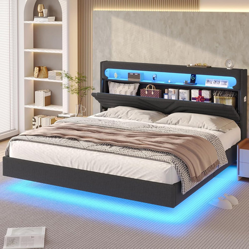 Bed Frame King Size C/ Cabecera Con Luz Led & Usb Grey
