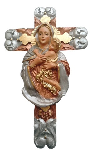 Virgen Madonna Con Niño En Cruz Barroca Dorada De 28x18 Cm