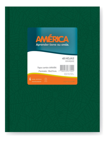 Cuaderno Tapa Dura Rayado 42h America Forrado Verde 16x21cm