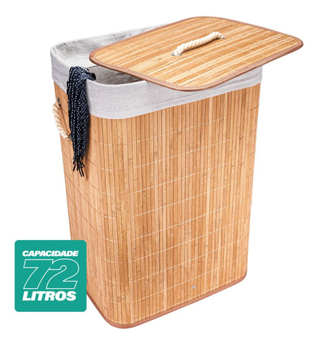 Cesto De Roupas Multiuso Bambu Artiko Pratic Com Tampa 72l Cor Palha Liso