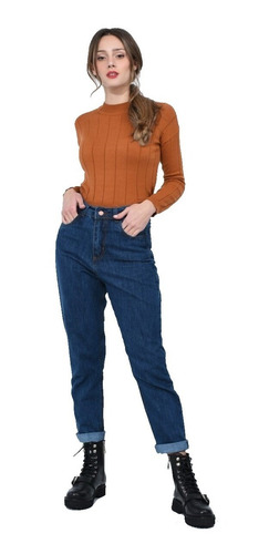 Jean Pantalon Mujer Mom Rigido Tiro Alto Clasico