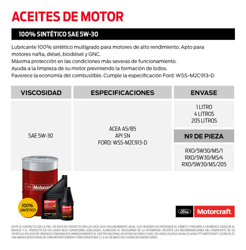 Aceite Sintetico 5w30 X 4 Litros Motorcraft Rxo/5w30/ms/4