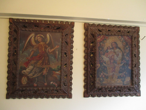 Antiguo Par De Cuadros Cuzqueños Arcangel  Virgen Niño Jesus