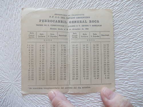 8541- Ferrocarril Gral. Roca Horarios 16/12/1963